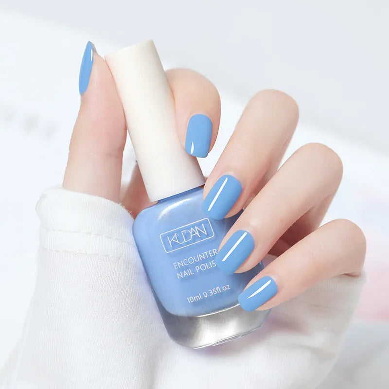 Blushimmer 10ml water-based semi-permanent nail polish in a sleek bottle, available in 40 vibrant colors for DIY manicures.