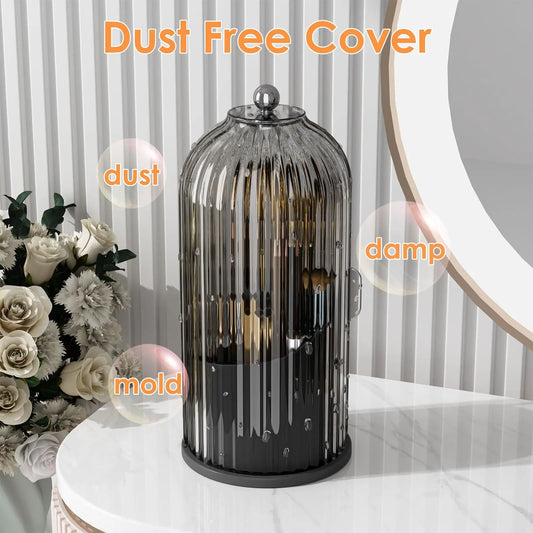 Blushimmer YOOLENS makeup brush holder organizer with lid, clear rotating dustproof container for vanity and bathroom storage.