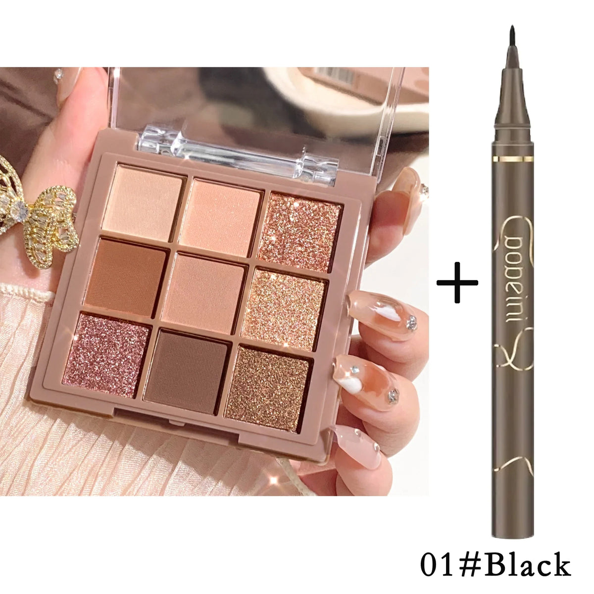 Blushimmer 9-18 color eyeshadow palette with velvet matte and shimmer shades in berry, brown, and nude tones.