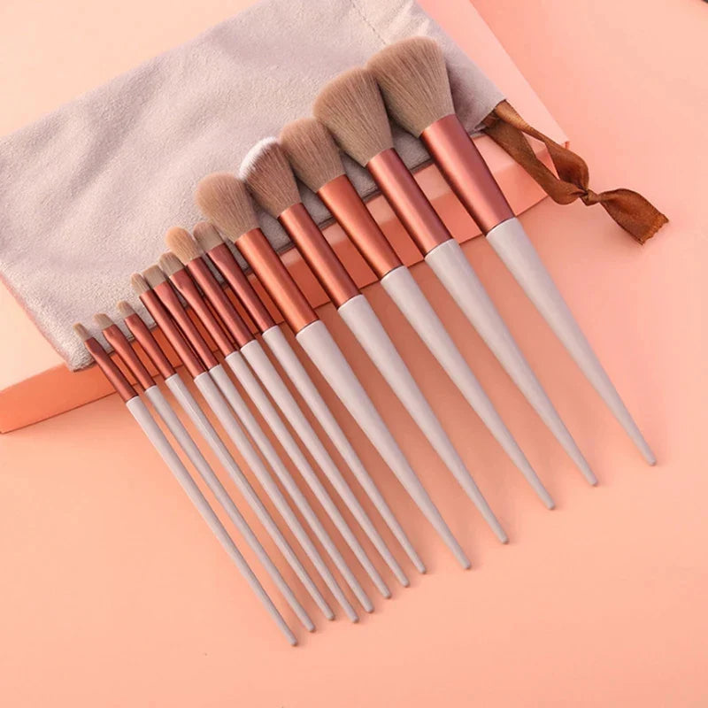 Set of 13 Blushimmer makeup brushes including eye shadow, foundation, blush, and cosmetic tools in a soft makeup bag.