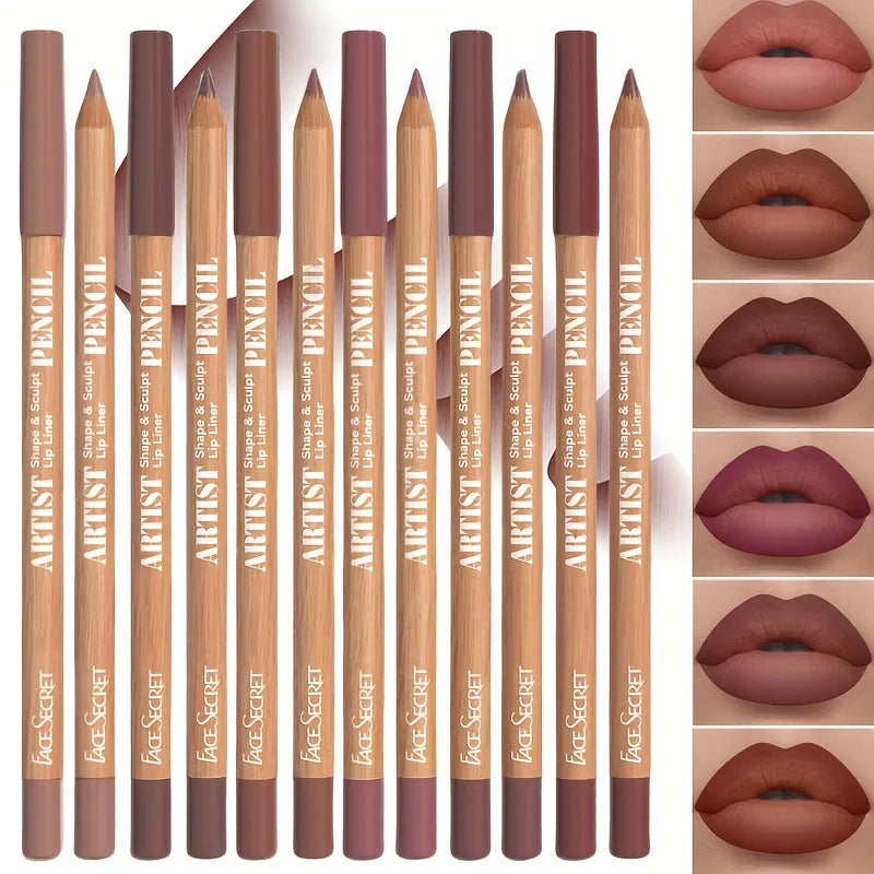 Set of 6 Blushimmer velvet matte lip liners in berry, brown, pink shades, perfect for long-lasting lip makeup.