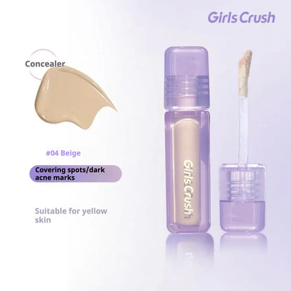 Blushimmer Girlscrush liquid concealer with brightening, velvet sunscreen for moisturizing, skin application, and makeup holding.
