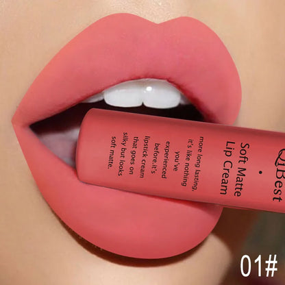 Blushimmer nude red liquid lipstick in sleek tube, long-lasting, waterproof velvet matte lip gloss for women.