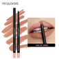 Blushimmer waterproof matte lipliner pencil in red, with long-lasting, moisturizing formula and non-stick finish, shown with a lipstick.