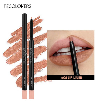 Blushimmer waterproof matte red lipliner pencil with moisturizing, long-lasting formula and 12 color options, shown on lips.