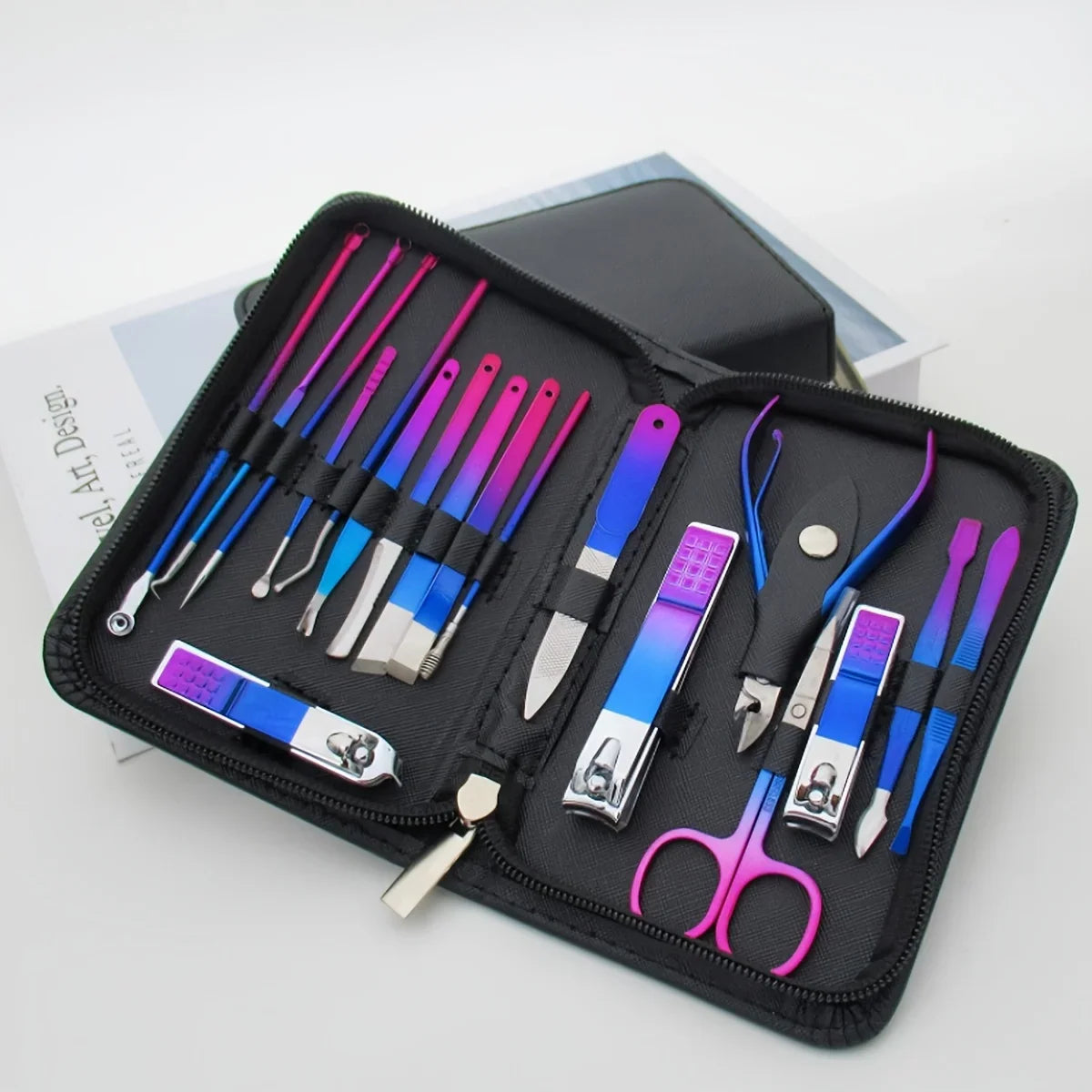 Blushimmer stainless steel manicure and pedicure kit with 9-18 professional nail tools, travel case, clipper, and scissors.