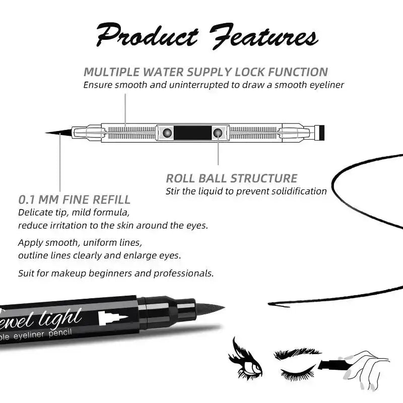 Blushimmer double-ended waterproof liquid eyeliner with eye stamp, felt tip, long-lasting, smudge-proof black makeup for women