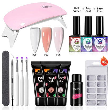 Blushimmer 3-piece nail gel set includes 15ml poly gel for extensions, base, top coat, cleaning water, and nail mold kit.