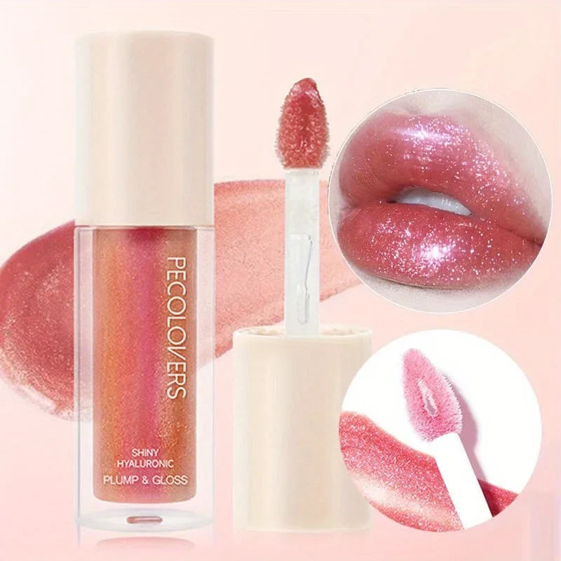 Blushimmer waterproof lip gloss in coral, pink, and skin tones with moisturizing, glittery, long-lasting liquid lipstick shine.