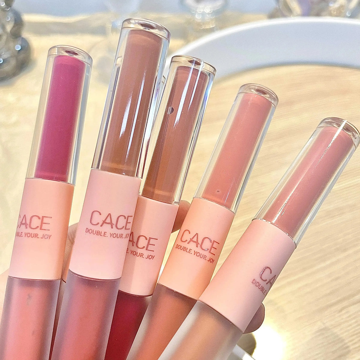 Blushimmer CACE Double Head Lip Gloss and Matte Lipstick in sexy red, water gloss, waterproof Korean lip makeup with mirror.