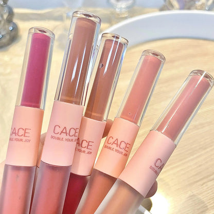 Blushimmer CACE Double Head Lip Gloss and Matte Lipstick in sexy red, water gloss, waterproof Korean lip makeup with mirror.