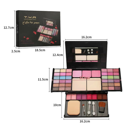 Blushimmer makeup gift set for women with eyebrow powder, lipstick, lip gloss, eyeshadow palette, shimmer and glitter accents.