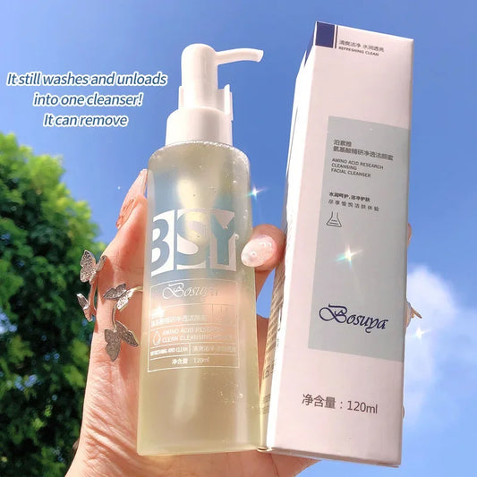 Blushimmer 120ml amino acid facial cleanser with honey for deep cleansing, oil control, and gentle exfoliation.