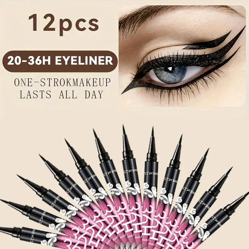 12-piece Blushimmer black liquid eyeliner set with long-lasting, waterproof eye liner pencils for precise makeup application