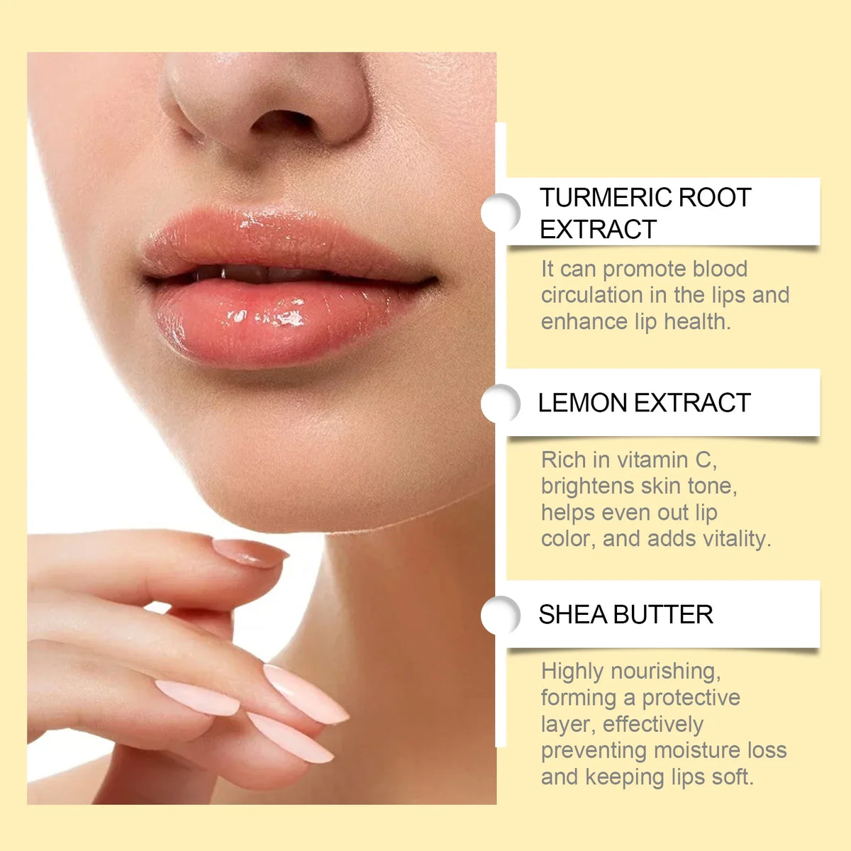Blushimmer Lemon Ginger Lip Balm with turmeric, glowing gloss, and exfoliating oil for moisturized, brightened lips and skin.
