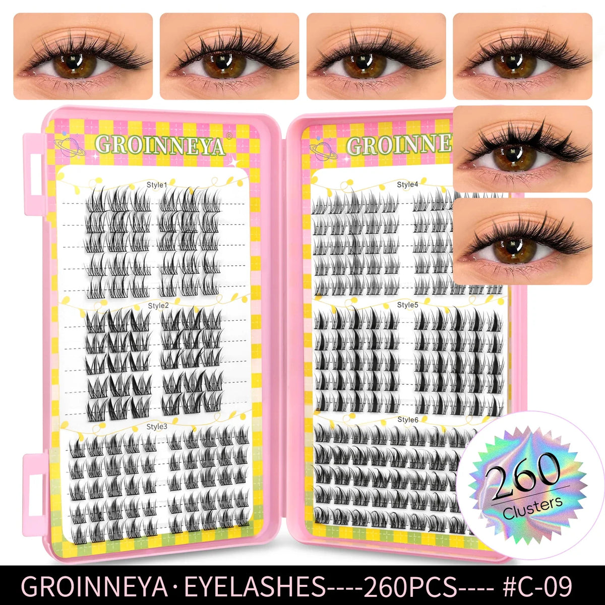 Blushimmer GROINNEYA eyelash clusters with 320 natural volume extension lashes in a tray, featuring mixed length cluster lashes.