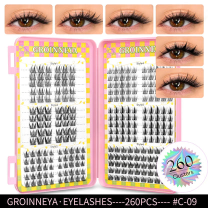 Blushimmer GROINNEYA eyelash clusters with 320 natural volume extension lashes in a tray, featuring mixed length cluster lashes.