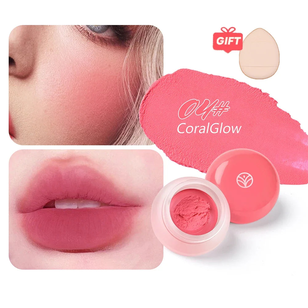 Blushimmer mousse texture powder blusher in 6 colors with matte velvet finish, includes finger powder puff for easy application.