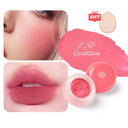 Blushimmer mousse texture powder blusher in 6 colors with matte velvet finish, includes finger powder puff for easy application.