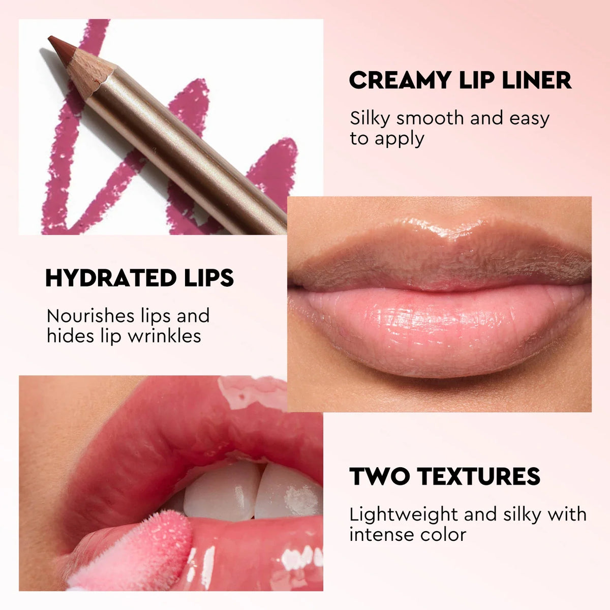 Blushimmer lip makeup kit with gloss, pencil liner, and balm in a 3-in-1 gift box, featuring matte and glossy lip products.