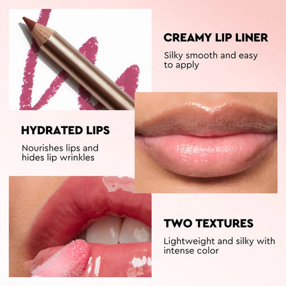 Blushimmer lip makeup kit with gloss, pencil liner, and balm in a 3-in-1 gift box, featuring matte and glossy lip products.