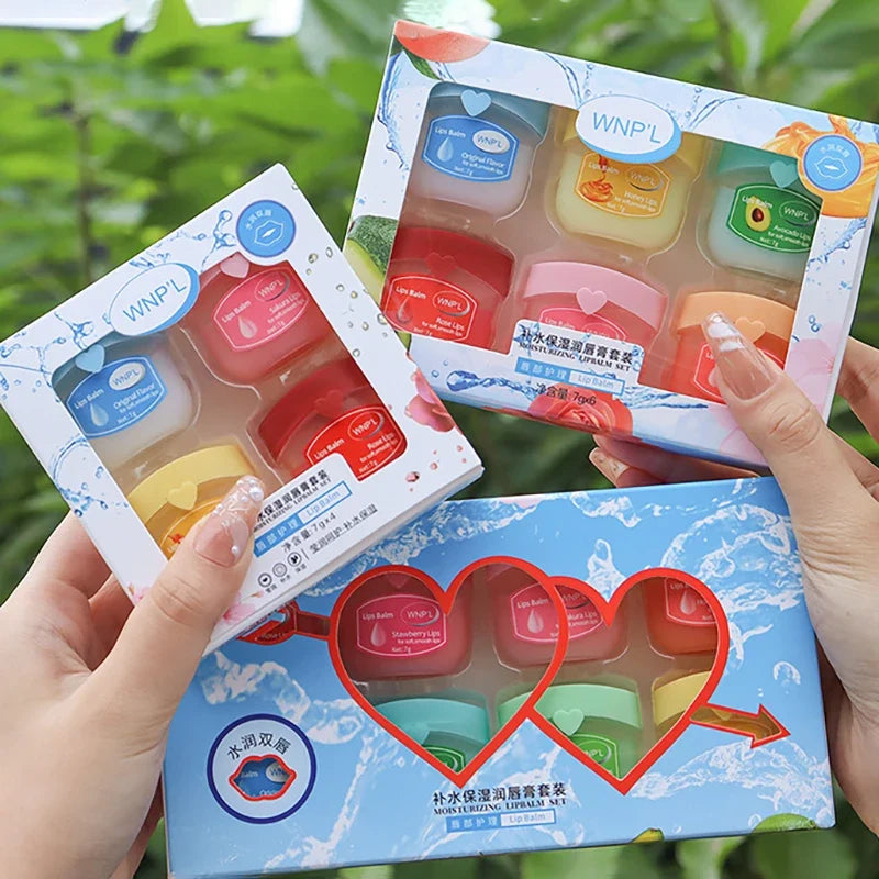 Blushimmer moisturizing lip balm set with natural plant-based formulas in 4, 6, or 8 pieces, designed to hydrate and prevent cracked lips.