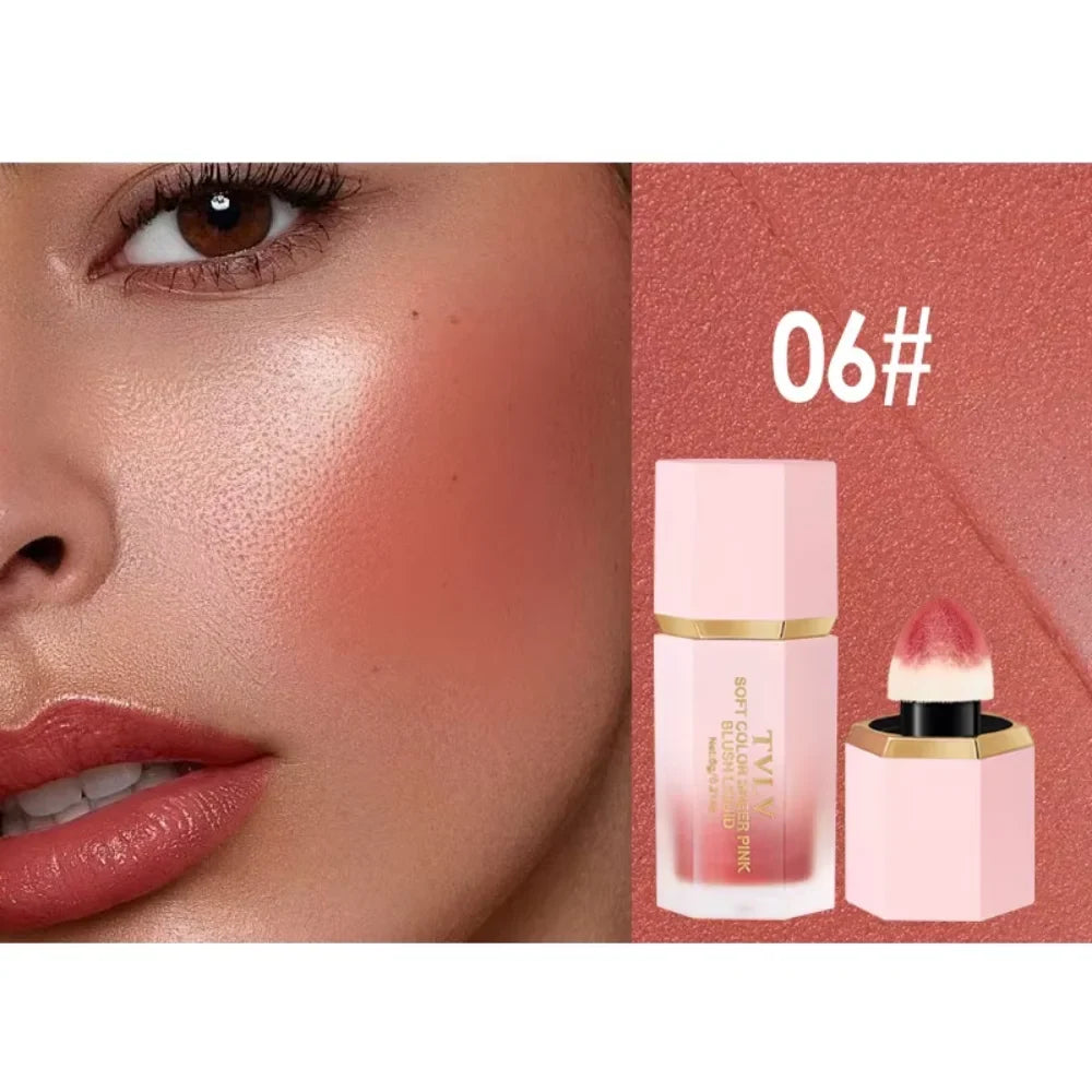 Blushimmer TVLV Velvet Liquid Blush with sponge head, natural matte finish, brightening facial contour makeup in a soft blush tint