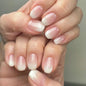 Set of 24 pink and white gradient square fake nail tips with French press design by Blushimmer, short full cover false nails.