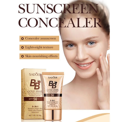 SADOER Gold Snail Sunscreen BB Cream Foundation Concealer Moisturizing Isolation Cream SPF50+PA+++ 40g