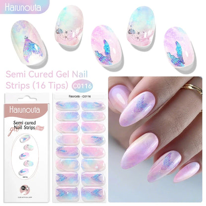 Blushimmer Harunouta 16-strip gradient red marble gel nail strips with gold lines, semi-cured DIY gel polish stickers for UV/LED nails.