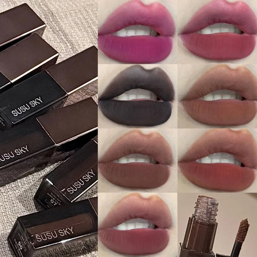 Gothic gray and purple lipstick by Blushimmer featuring velvet matte finish, long-lasting waterproof lip gloss, and non-stick lip tint.
