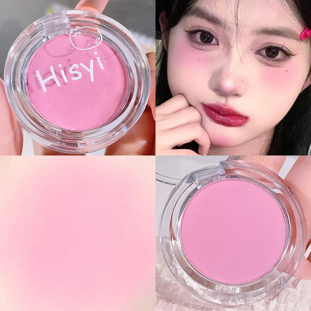 Hisy blush shimmer matte monochrome blush plate with natural color finish, featuring fine micro flash for a subtle, radiant glow.