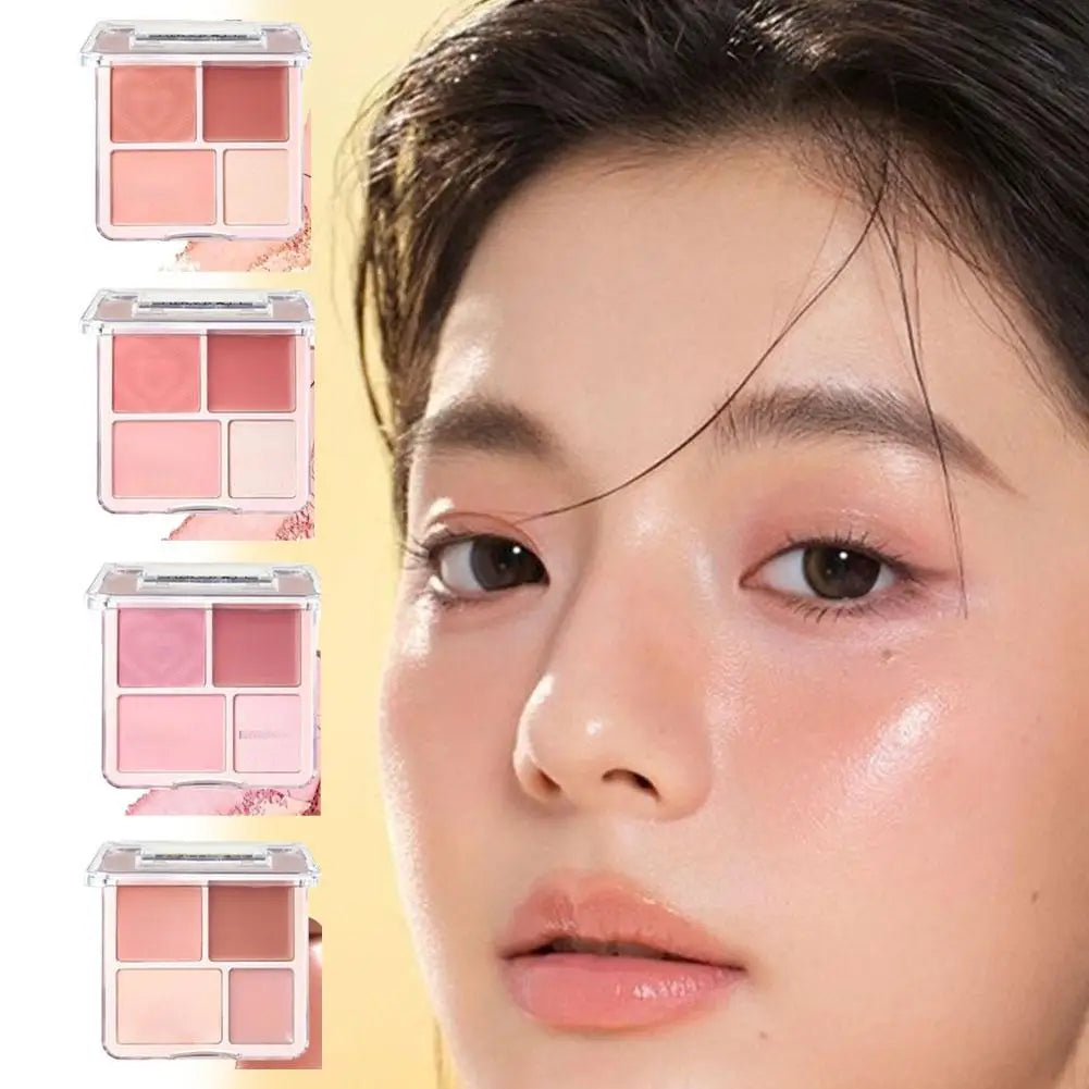 Blushimmer 4-color blush highlighter palette with matte, brightening shades, featuring blush, contour, and highlighter in smooth texture.