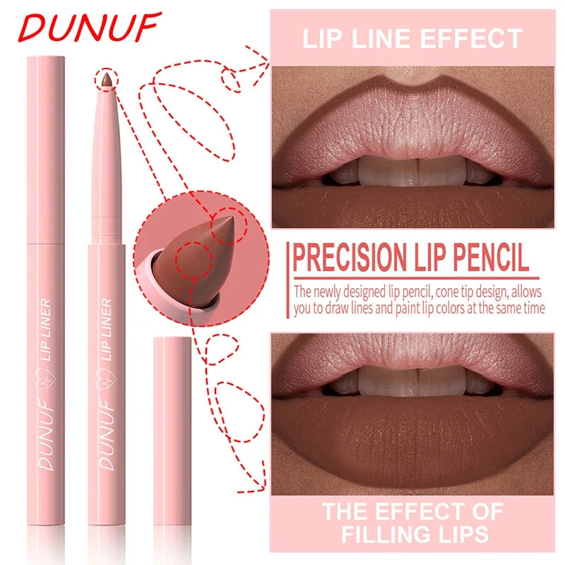 Blushimmer velvet matte lip liner pencil in soft nude and red shades, waterproof, plumping, and contouring for defined lips.