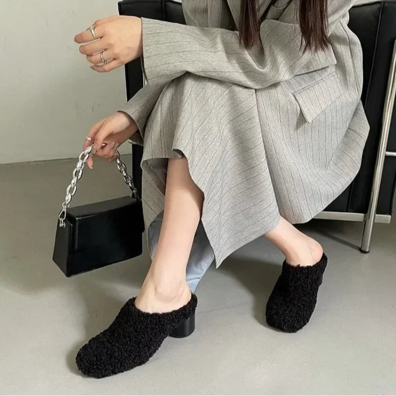 Women's Shoes 2024 High Quality Baotou Women's Slippers Fashion Short Plush Daily Slippers Women Hot Sale Solid Heels Women