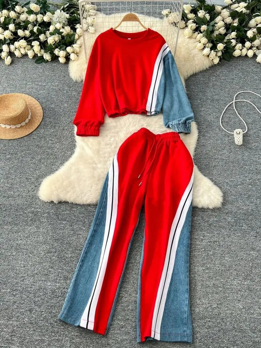 BWQ Women's Denim Patchwork Co-Ord Set - Matching Jeans Set With Color Block Design | Long Sleeve Tracksuit & Contrast Stitching