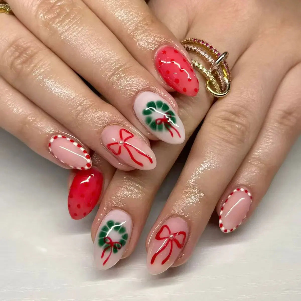 Set of 24 Blushimmer wine red almond press-on nails with cartoon rabbit, bowknot, plaid, pearl designs, French style, detachable nails.