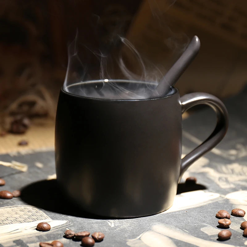 Nordic coffee shop frosted mug with spoon Tray Black coffee cup with wooden base Mark Drinkware mug Creative ceramic water cup