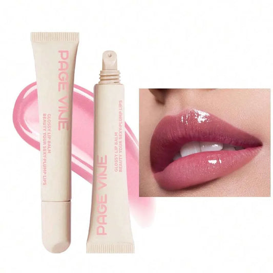 Blushimmer nude brown lip gloss tube featuring plumping, moisturizing, transparent lip oil for soft, glossy lips.