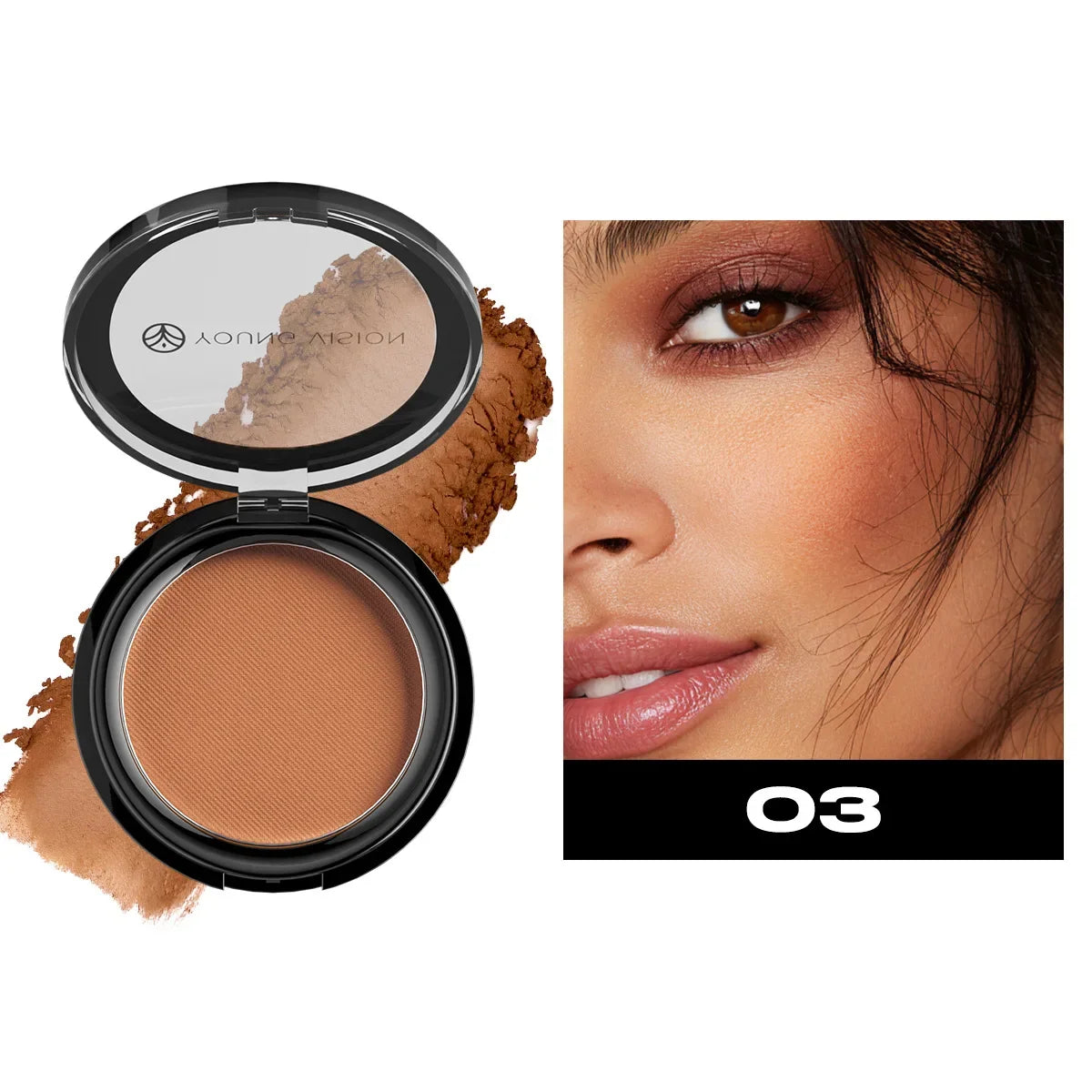 Blushimmer silky matte bronzer and contour powder palette with 3D face shaping and nose shadow for long-lasting makeup.
