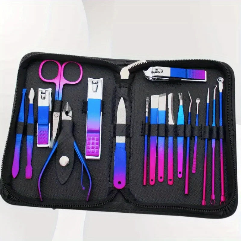 Blushimmer stainless steel manicure and pedicure kit with 9-18 pieces, including nail clippers and scissors, in a travel case.