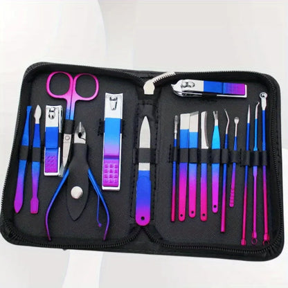 Blushimmer stainless steel manicure and pedicure kit with 9-18 pieces, including nail clippers and scissors, in a travel case.