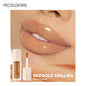 Blushimmer waterproof lip gloss in coral, pink, and skin tones featuring moisturizing, glittery, long-lasting liquid lipstick.