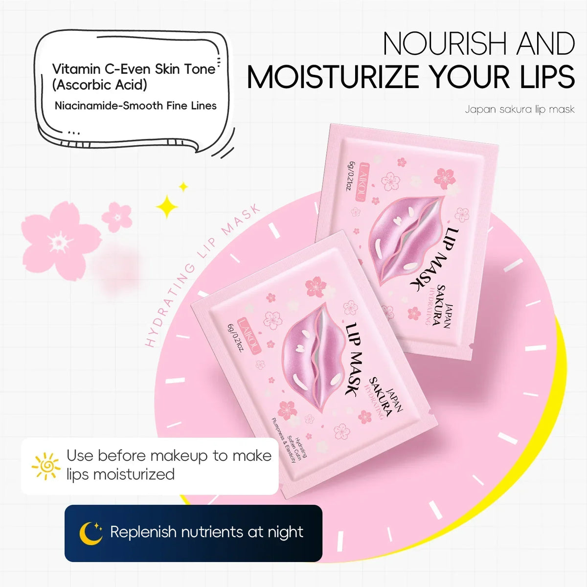 Blushimmer LAIKOU lip mask set featuring moisturizing gel patches for hydrating and repairing lips, displayed on a white background.