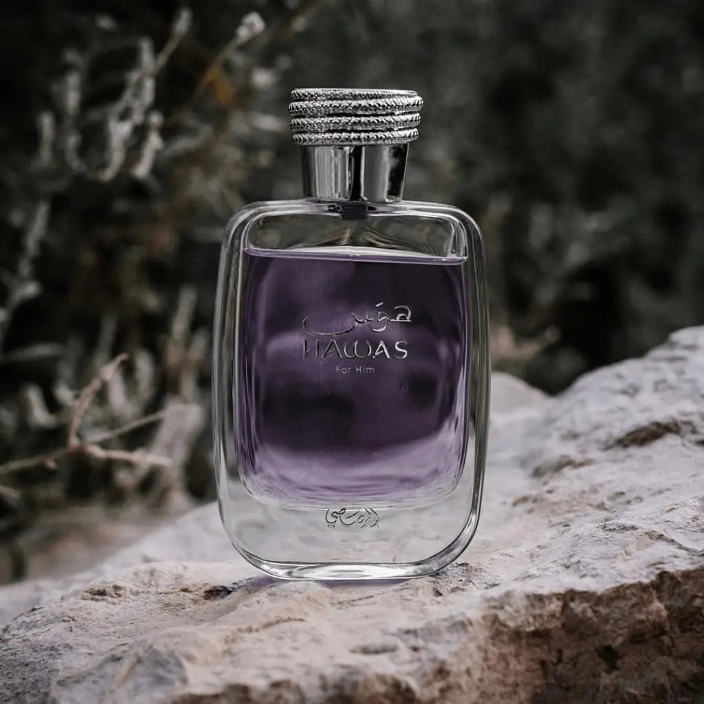 Blushimmer Rasasi Hawas for Men Eau De Parfum spray, 3.33 ounces, elegant fragrance bottle with a sleek design.