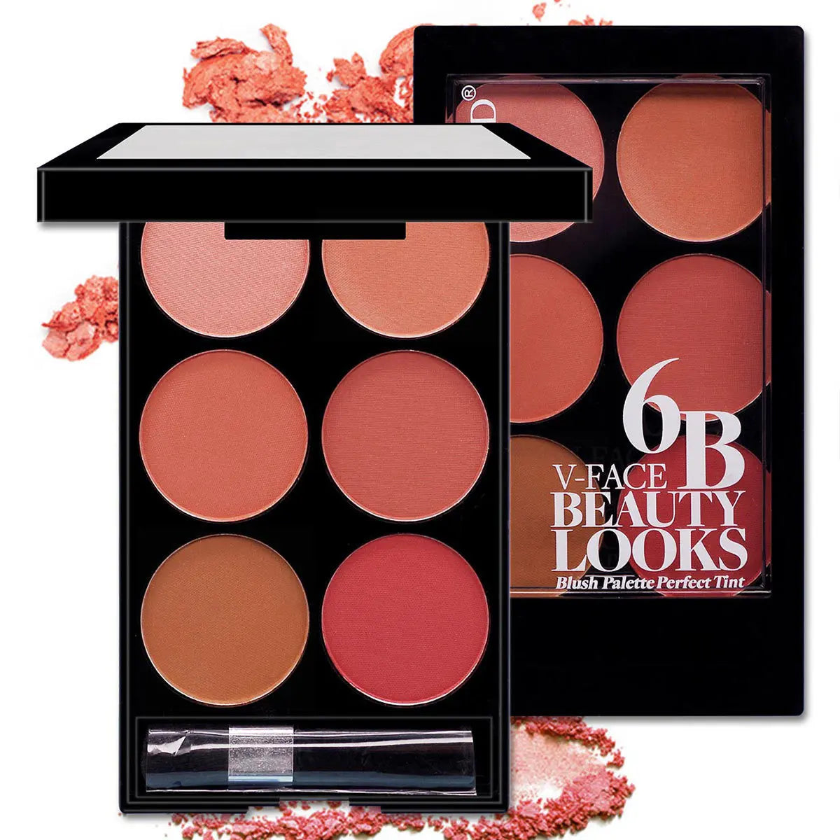 Blushimmer 6-color blush and contouring palette with pearlescent and matte powders, versatile makeup palette for face shading and highlighting.