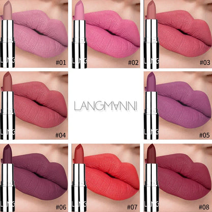 Blushimmer Langmani Silver Tube Matte Lipstick in 8 colors, non-staying cup makeup lipstick with sleek silver packaging.