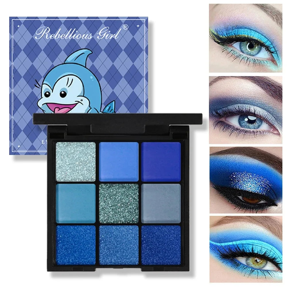 Blushimmer 9-color eyeshadow palette with bright matte, metallic, shimmering, and glitter shades in compact makeup set.