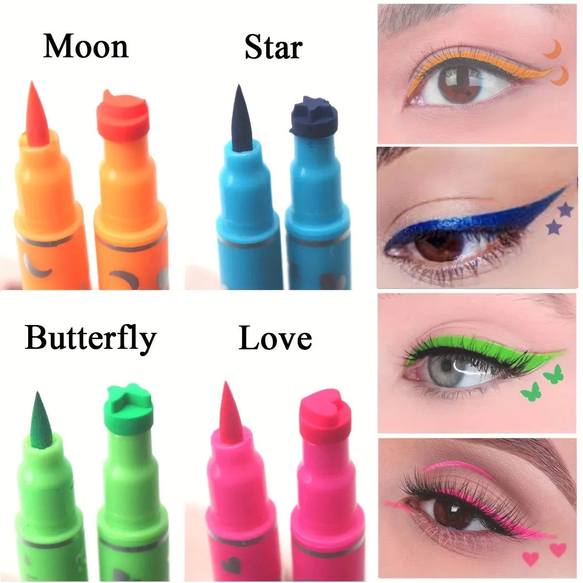 Blushimmer double-head liquid eyeliner set with four styles, featuring stars, hearts, moon, and butterfly designs in waterproof gel.