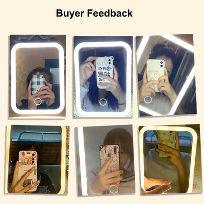 Blushimmer LED vanity mirror with touch screen, USB rechargeable, 3 brightness levels, portable makeup mirror in three colors.
